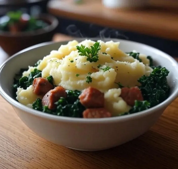 Картофельное пюре с кусочками мяса и зелени